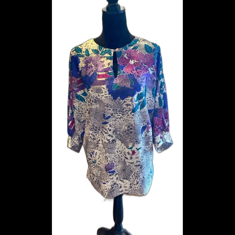 Anthony Richards Blouse Size‎ ? 2X Purple Royal Blue Floral Keyhole  Angel Wings
